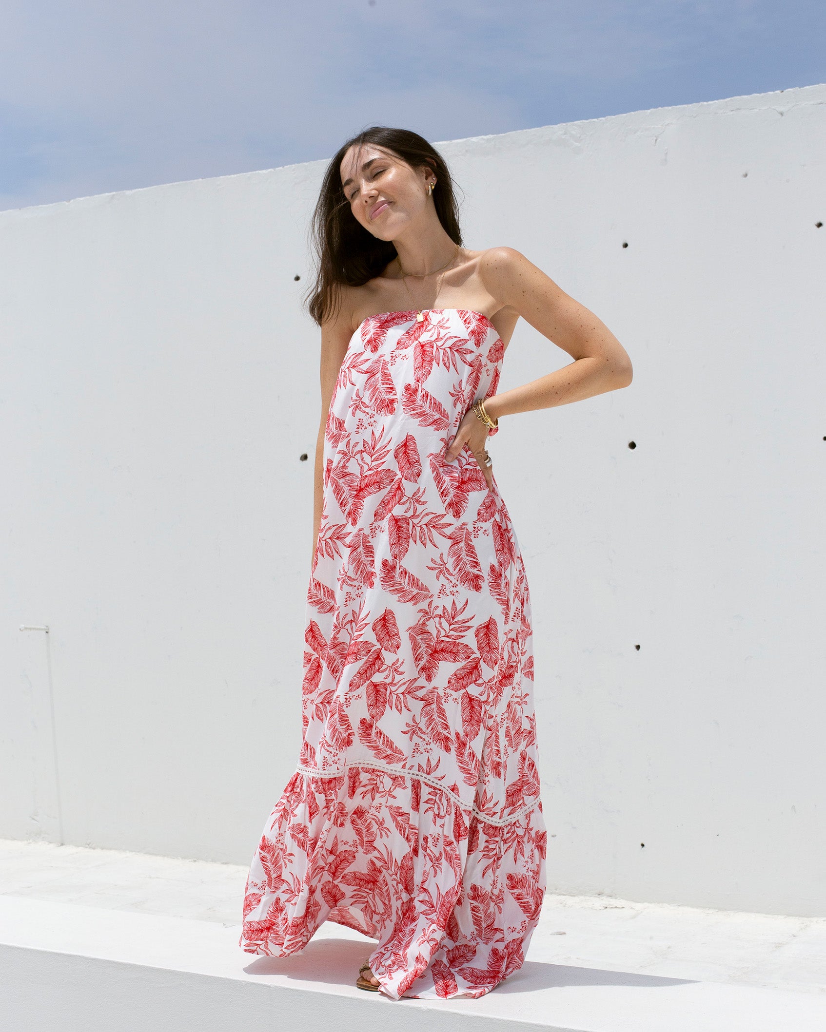 Maxi Vestido Strapless Print Hojas